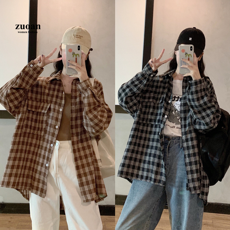 SUXI Áo Sơ Mi Ca Rô Ca Rô Có Túi Thời Trang Mùa Xuân Dành Cho Nữ
