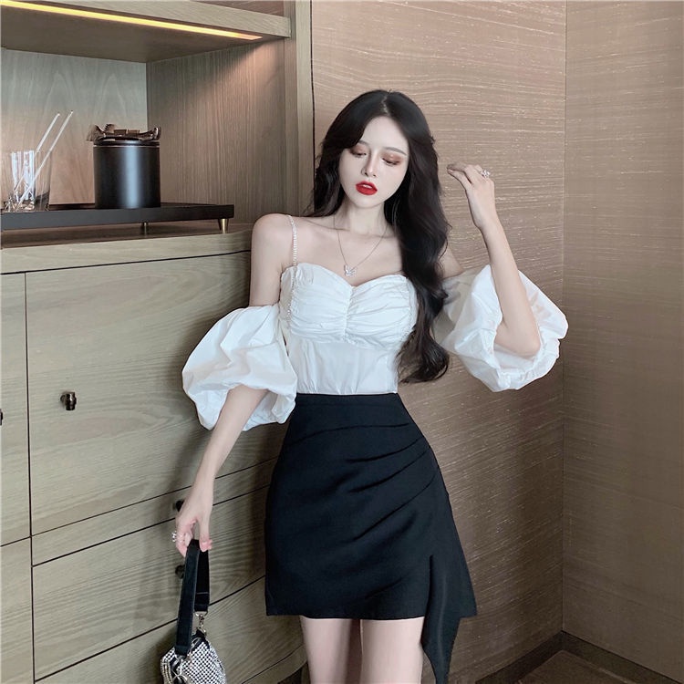 Bộ Áo Trễ Vai Tay Phồng + Chân Váy Chữ A Lệch Tà Thời Trang 2022