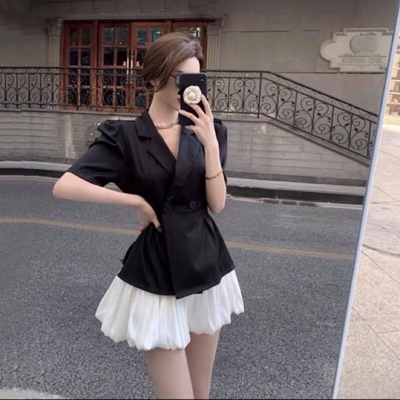 Set áo vest tiểu thư tay lỡ vạt chéo peplum cut eo kèm chân váy ngắn phồng xoè - Order taobao quảng châu