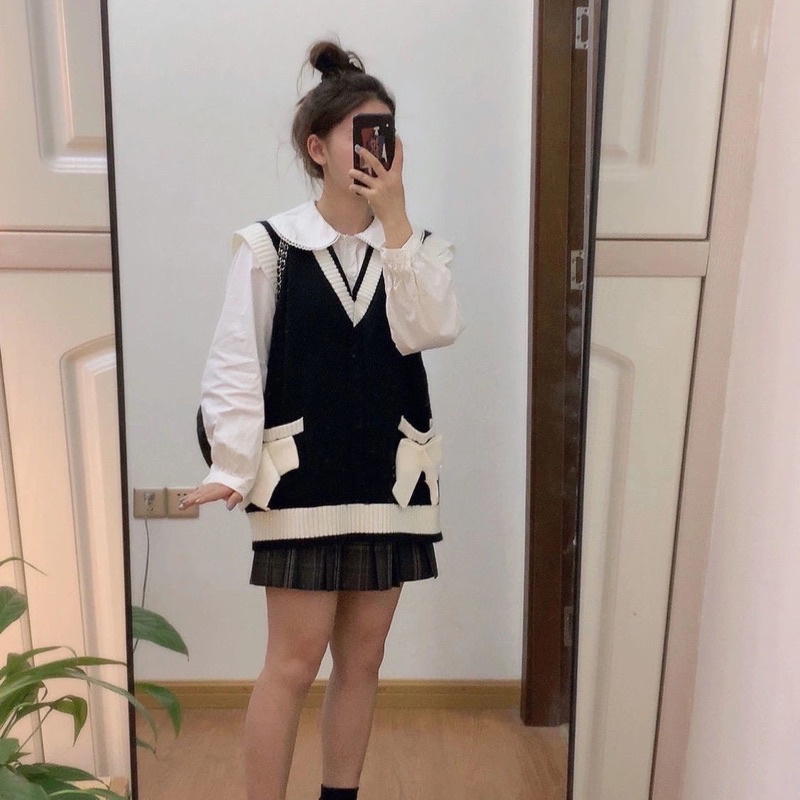 Set Áo Gile Len Nơ Túi + Sơ Mi Xinh Xỉu Cho Các Bạn Gái