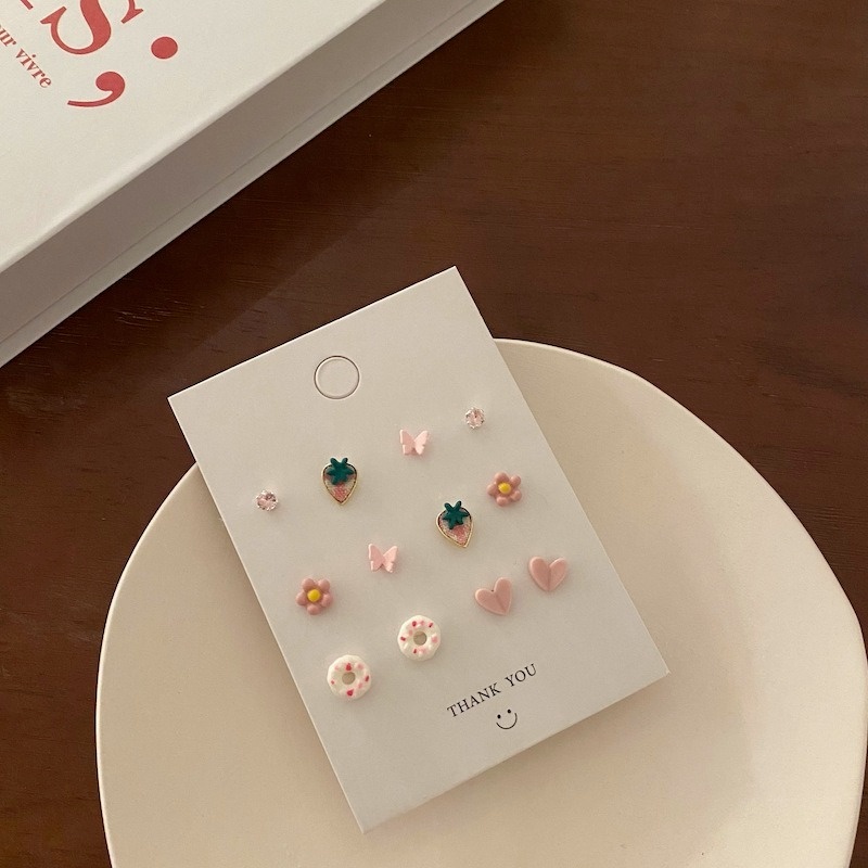Set 6 Cặp Khuyên Tai Hình Trái Tim/Bướm/Quả Dâu Tây/Bướm Phong Cách Retro Thời Trang Dành Cho Nữ