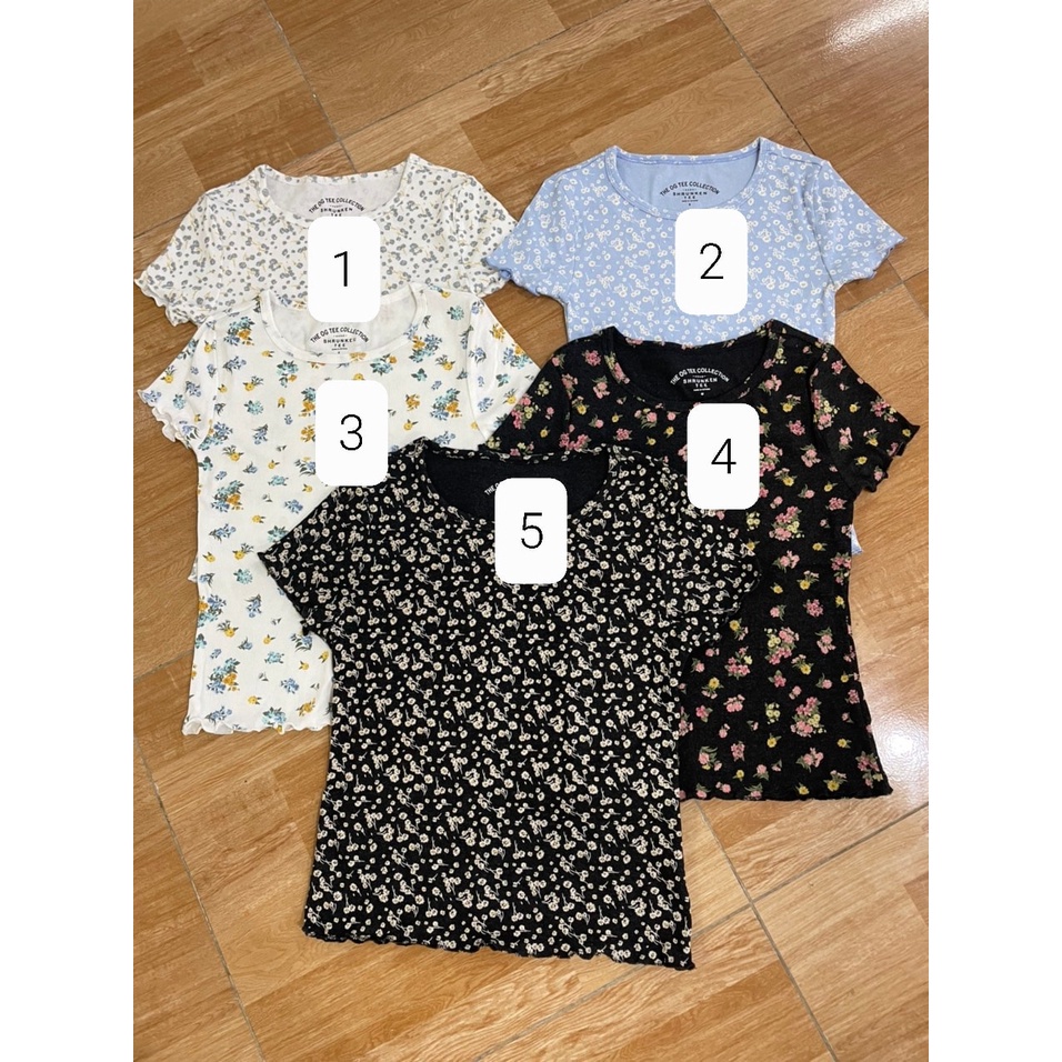 Áo thun gân nữ chất cotton họa tiết hoa nhí cộc tay hàng vnxk xịn PT8X