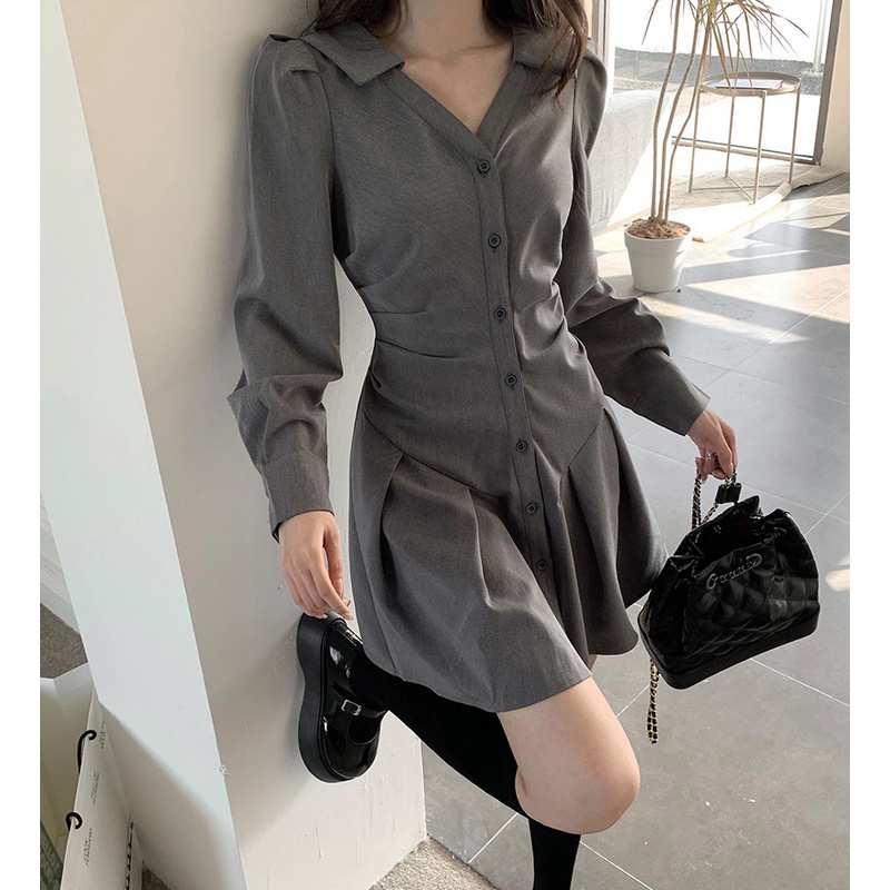 Đầm Sơ Mi Tay Dài Cổ Chữ V Thiết Kế Hợp Thời Trang