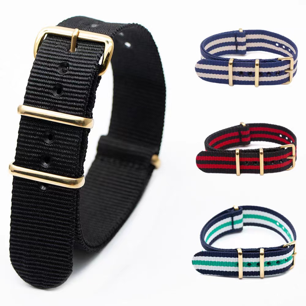Dây Đeo Đồng Hồ Nylon 41 Màu Nato 20mm Khóa Kim Loại Màu Vàng Cao Cấp
