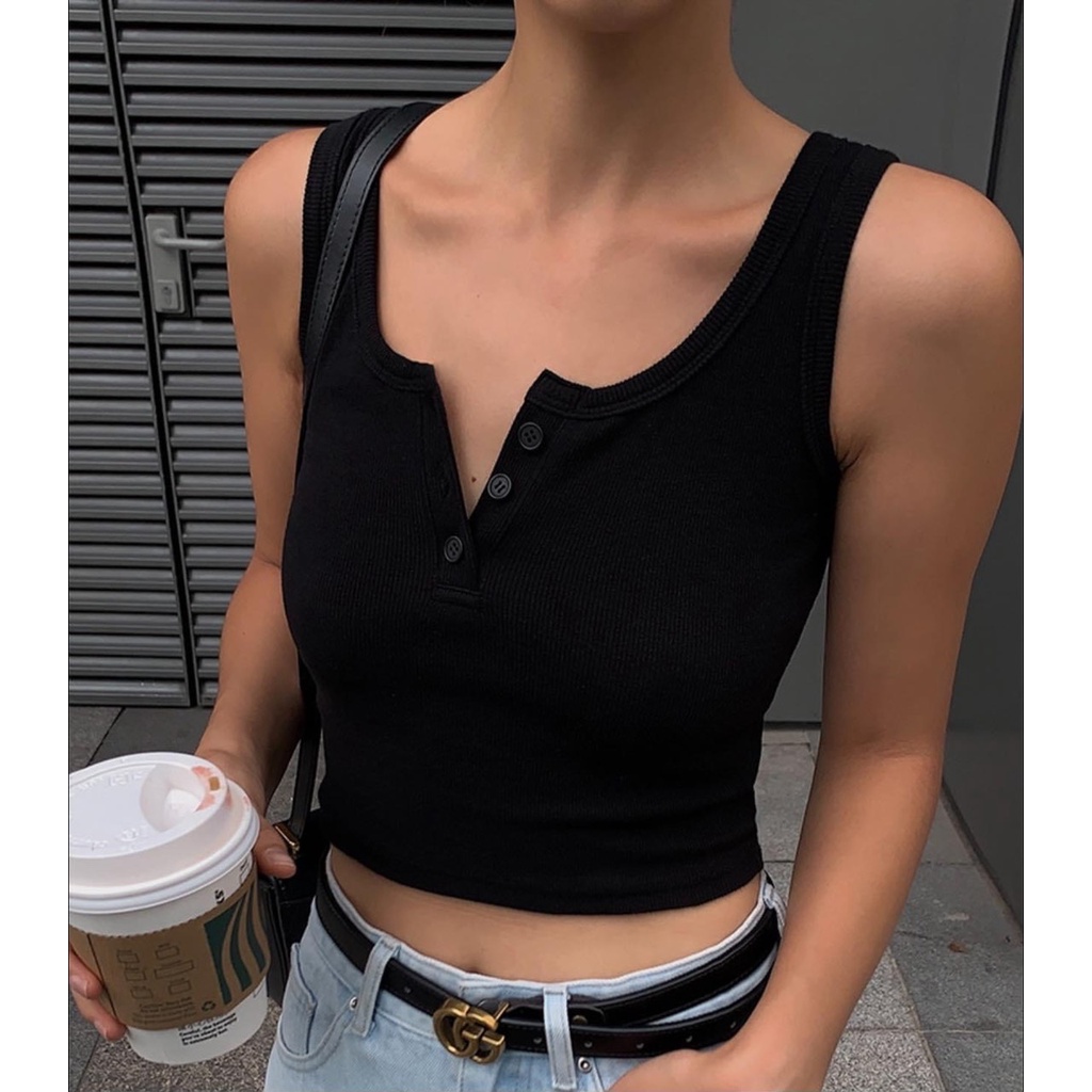 Áo croptop cài nút, áo ba lỗ chất thun gân cotton co dãn bốn chiều có Bigsize