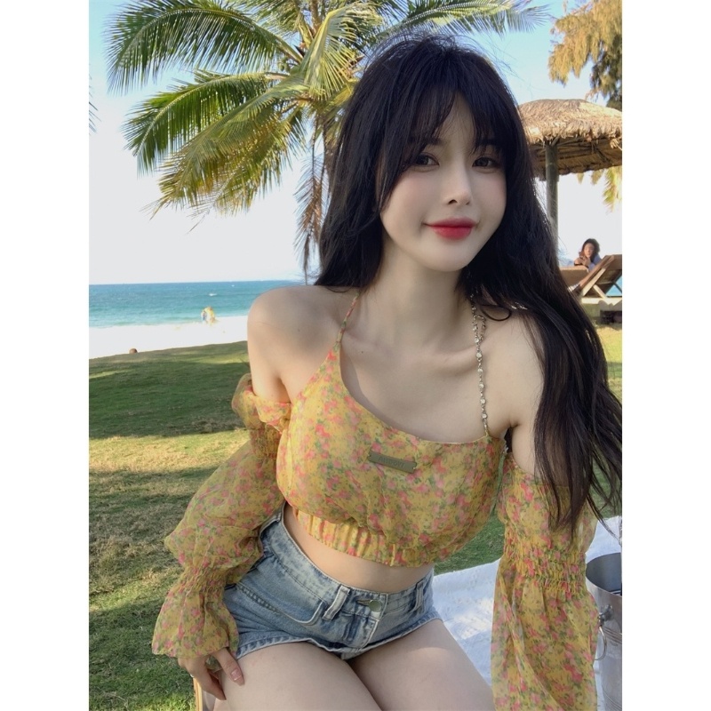 COZOK Áo Sơ Mi Voan Hoa Hai Dây Cổ Yếm