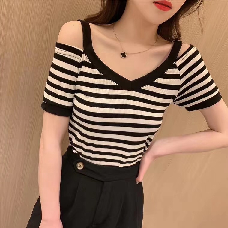 SUXI Áo dệt kim nữ trễ vai kẻ sọc kiểu Hàn Quốc