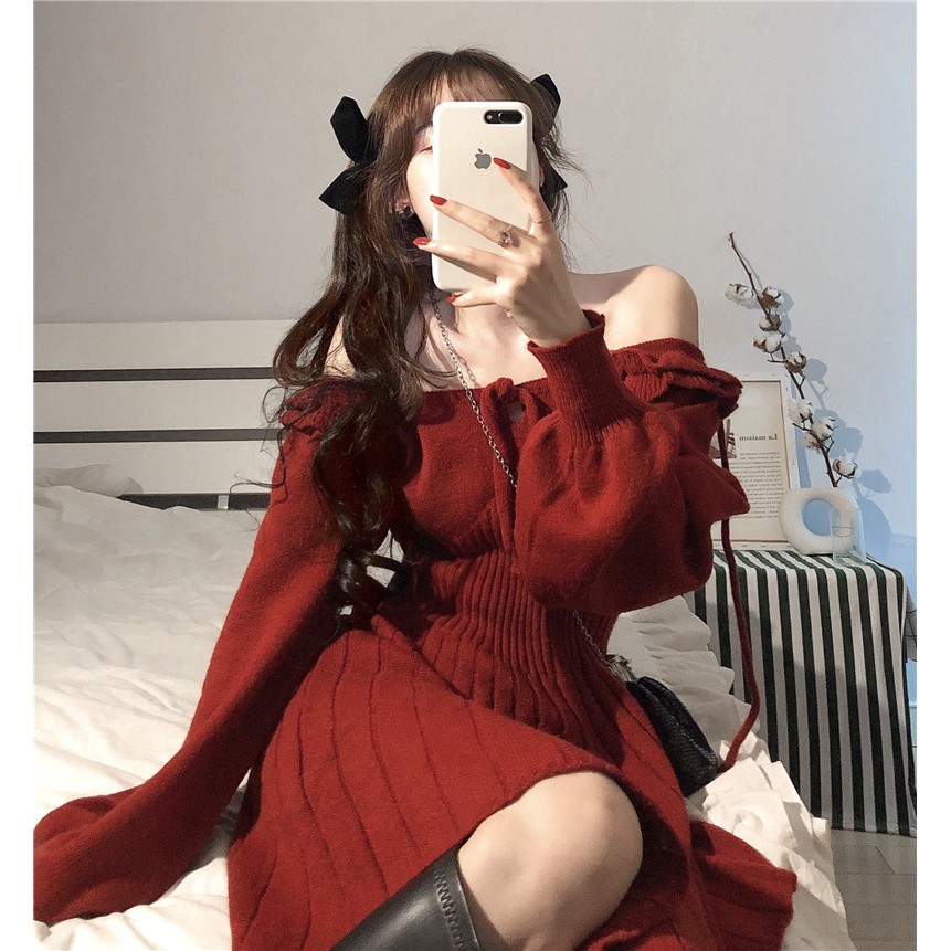 Đầm len mùa đông tay dài hạ vai màu đỏ giáng sinh noel ulzzang xuân đầu năm mới