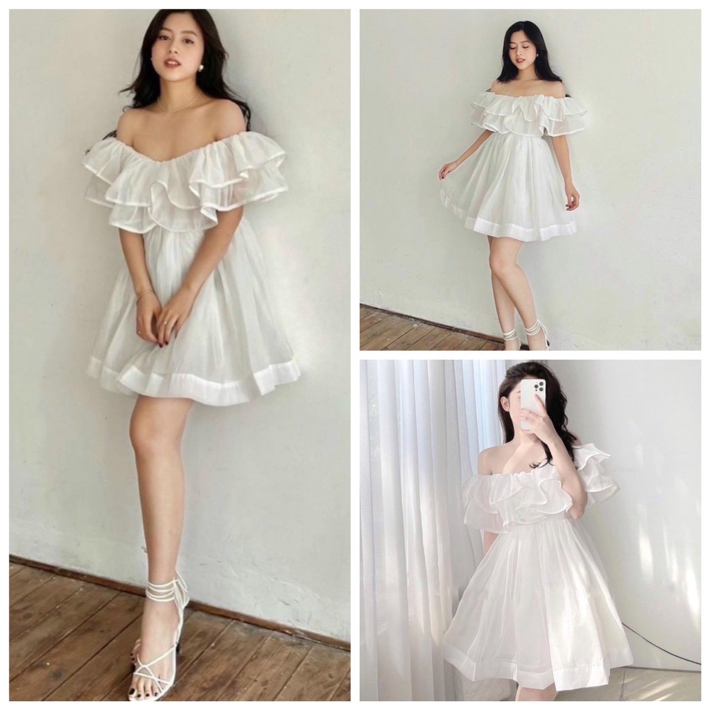 Váy Trễ Vai Chất Voan Tơ Bồng Bềnh mẫu Mới Bánh Bèo Tiểu Thư Màu Trắng, Đầm Trắng Mặc Nhiều Kiểu