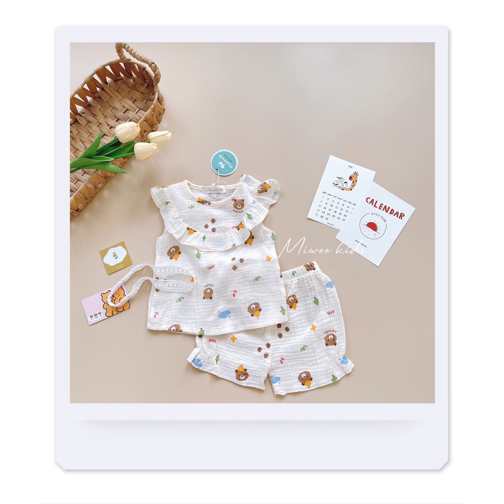 Đồ Bộ Mặc Nhà Cho Bé Chất Xô Musline Cao Câp Kèm Băng Đô Cho Bé Gái Dễ Thương Vải HM180 Homikids