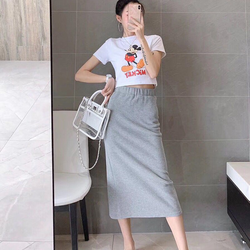 Set áo thun tay ngắn &amp; váy midi in hình chuột Mickey
