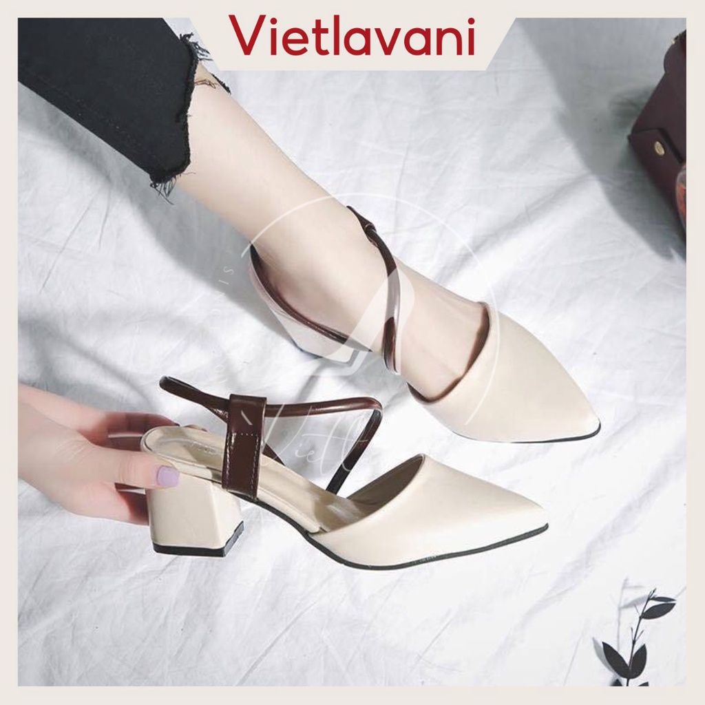 Giày Cao Gót Mã C6 Mũi Nhọn Quai Kiểu Gót Vuông Cao 5cm Màu Kem và Đen
