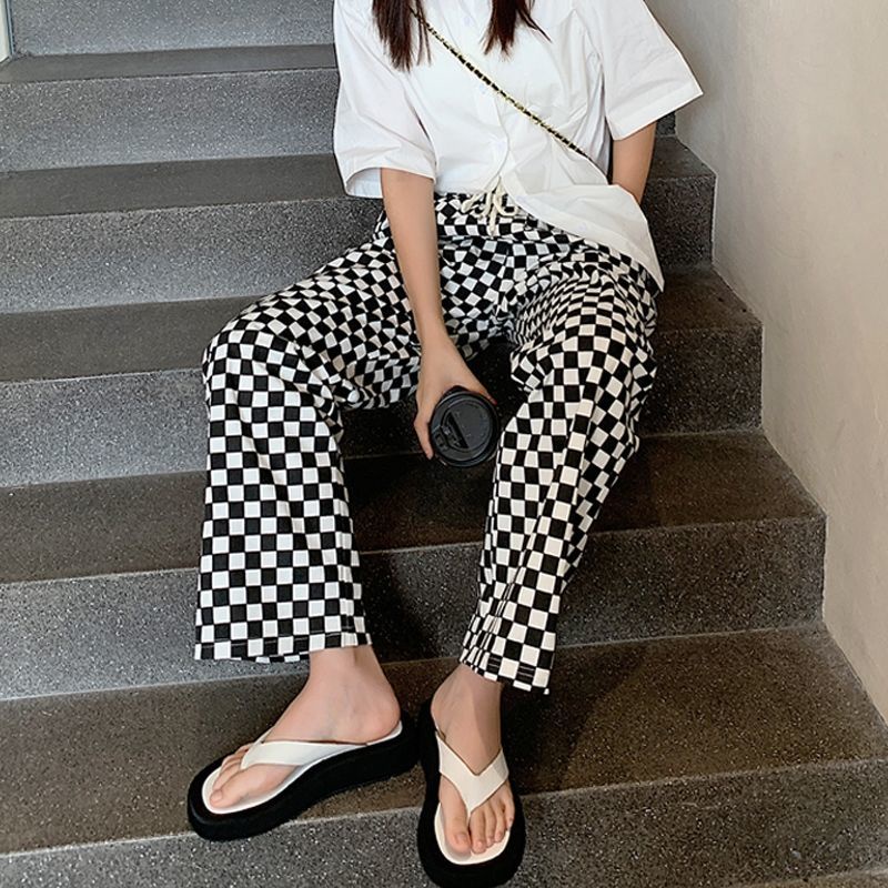 COZOK Quần dài ống rộng họa tiết caro thời trang cho nữ