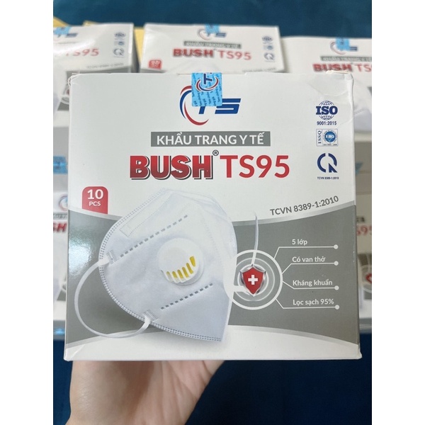 Khẩu trang y tế BUSH TS95 5 lớp có VAN THỞ (1 HỘP) kháng khuẩn ngăn bụi mịn ôm khít mặt và thoáng đẹp - MÀU TRẮNG