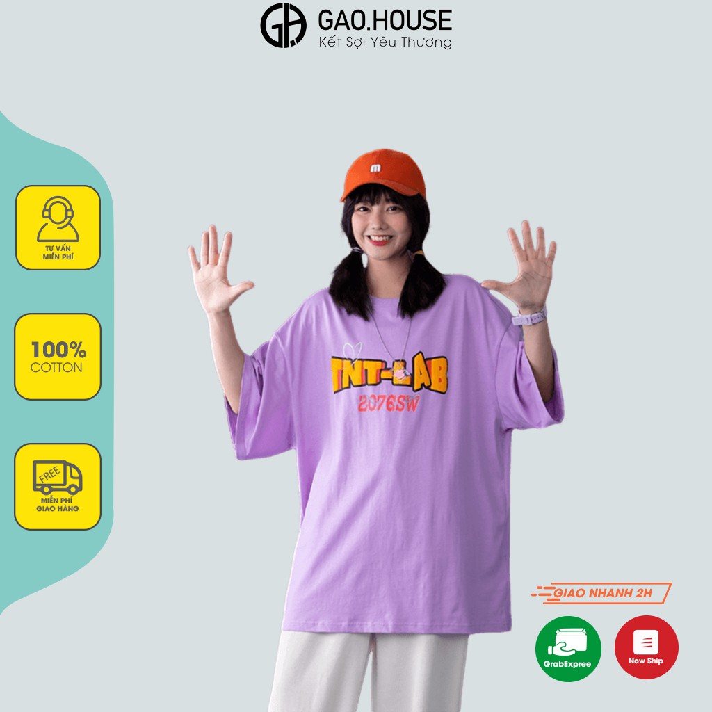 Áo thun nam nữ Gạo House cotton màu tím hình TNT-LAB 2076SW cộc tay cổ tròn