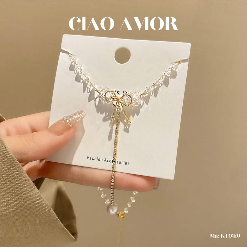 Dây chuyền nữ, Vòng cổ lấp lánh tiểu thư lấp lánh dự tiệc ngọc đính nơ dài Trang sức Ciao Amor - KT0410