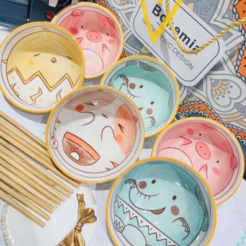 KÈM HỘP -Bộ bát, set 6 bát thú kèm đũa siêu cute, siêu đáng yêu, siêu tiện lợi giao ngẫu nhiên