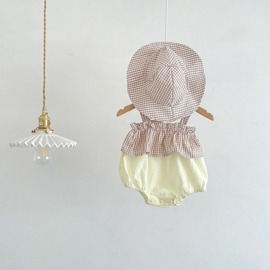 Áo liền quần Cotton Kẻ SọC Caro + Mũ Cho Bé GáI