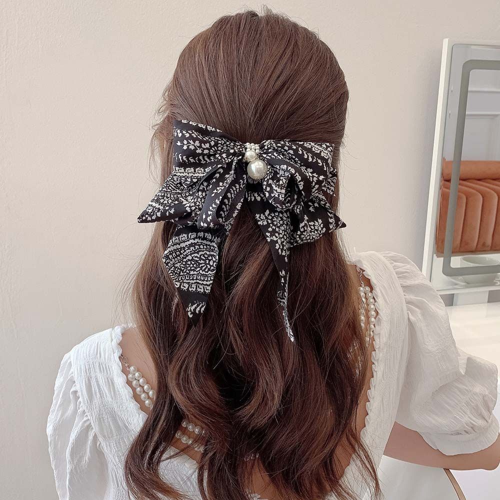 Kẹp tóc nơ họa tiết kẻ sọc đính ngọc trai phong cách thời trang retro hàn quốc dành cho nữ