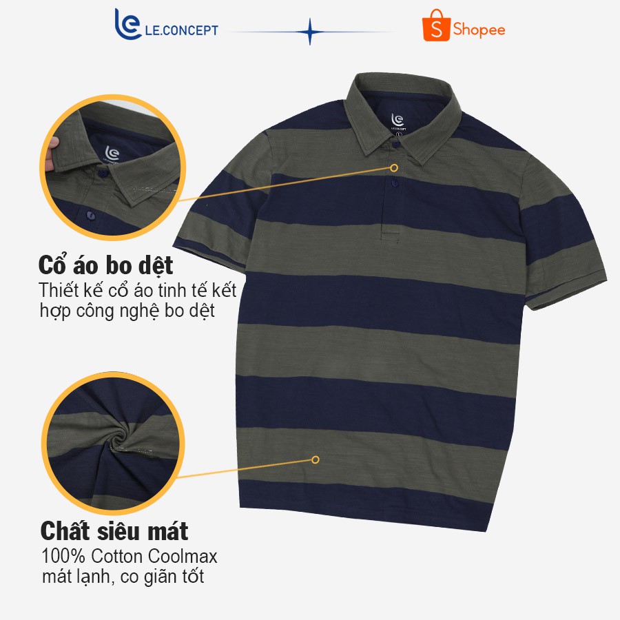 Áo phông nam có cổ màu xanh rêu phối kẻ xanh LE.CONCEPT chất liệu cotton cao cấp 100%, chuẩn form, nam tính | BigBuy360 - bigbuy360.vn