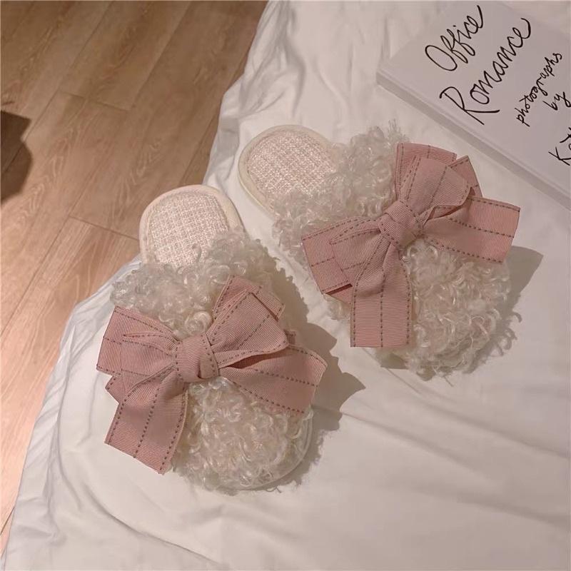 Dép bông tiểu thư gắn nơ đi trong nhà, Dép đi trong nhà bánh bèo cực đáng yêu