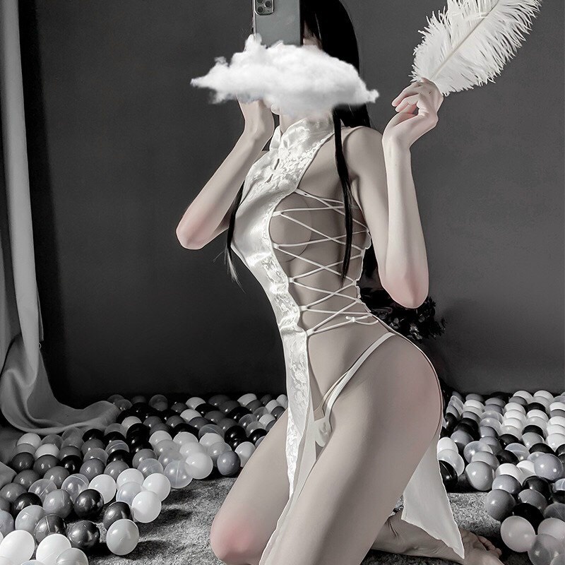 Che tên sp, Tặng chip - Váy ngủ sườn xám dây đan gợi cảm (không kèm tất ren)