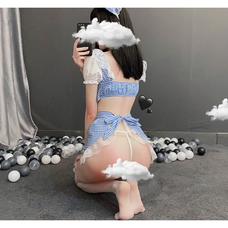 Cosplay nàng hầu ngây thơ, hở sau, kèm nơ tóc, cosplay sexy bộ hầu gái màu xanh | BigBuy360 - bigbuy360.vn