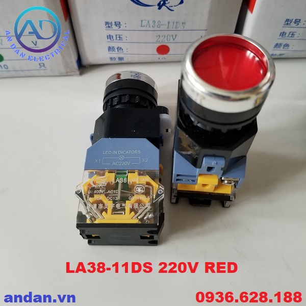Nút nhấn, nút ấn, nút đề có đèn 220VAC phi 22mm LA38-11D - Nhấn nhả, LA38-11DS - Nhấn giữ
