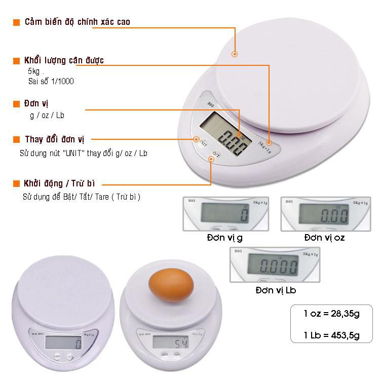 Cân thực phẩm tiểu ly li điện tử nhà bếp mini cân định lượng thực phẩm từ 1 gam - 5kg, 10kg (Tặng kèm 2 pin)