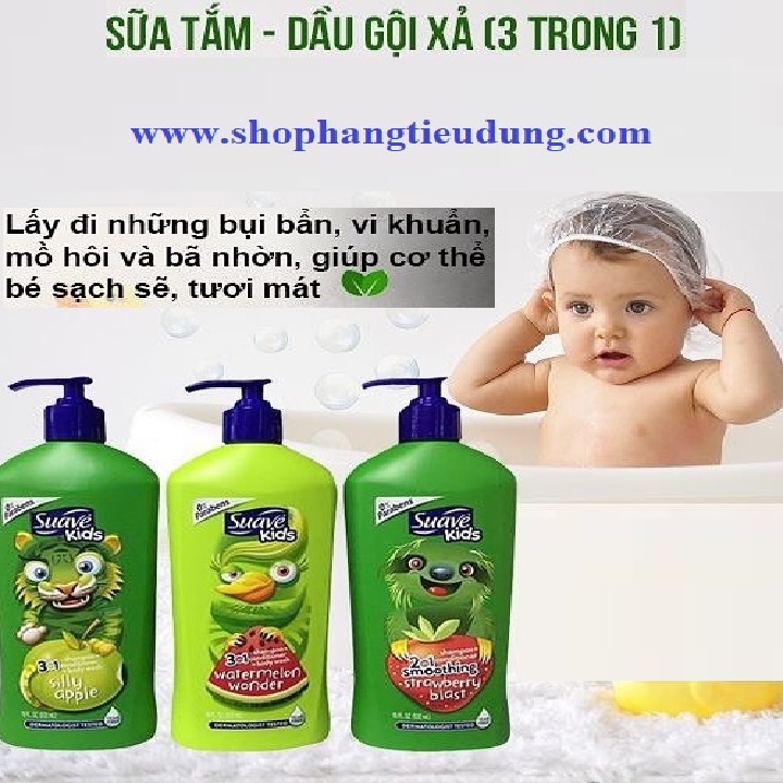 Sữa tắm gội xả không cay mắt dành cho trẻ em Suave Kids 3 in 1 mẫu mới chai có vòi 532ml sản xuất tại Mỹ