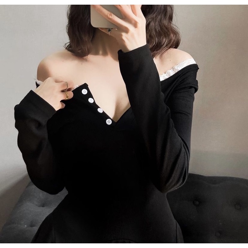 Đầm Thun Body Tay Dài Xoè Phần Dưới Phối Cổ Ren