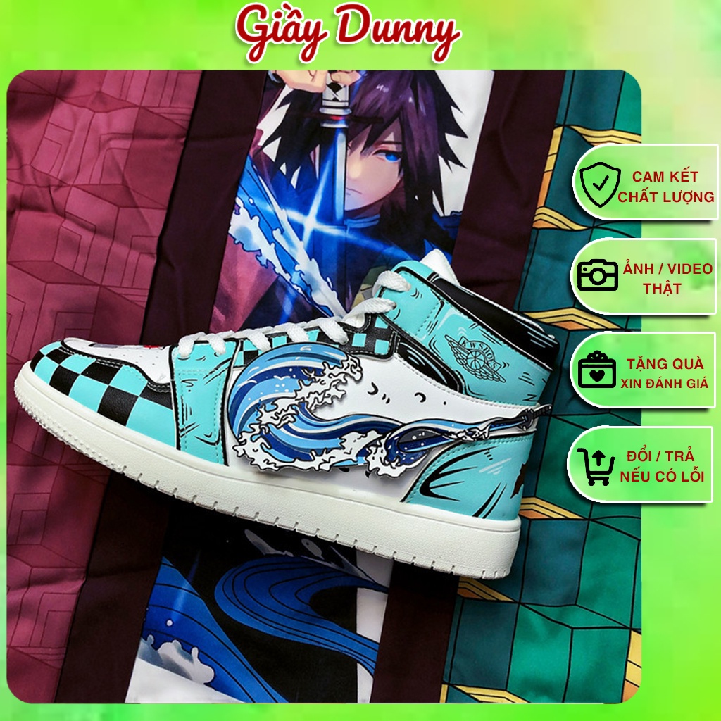 Giày Custom Air Jordan cổ cao In Nhiệt Không Phai Xanh Trắng KIMETSU, Giày Sneaker Anime
