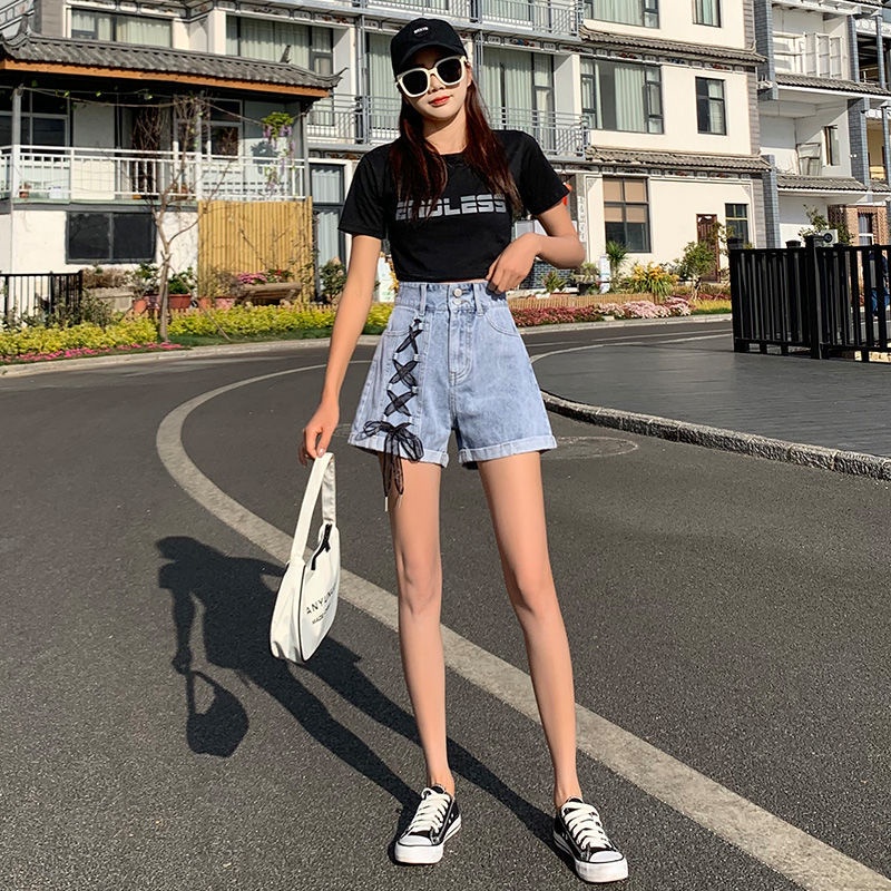 Quần Short Denim Buộc Dây 175241 Quần Short Nữ Lưng Cao Dáng Chữ a Phong Cách Retro