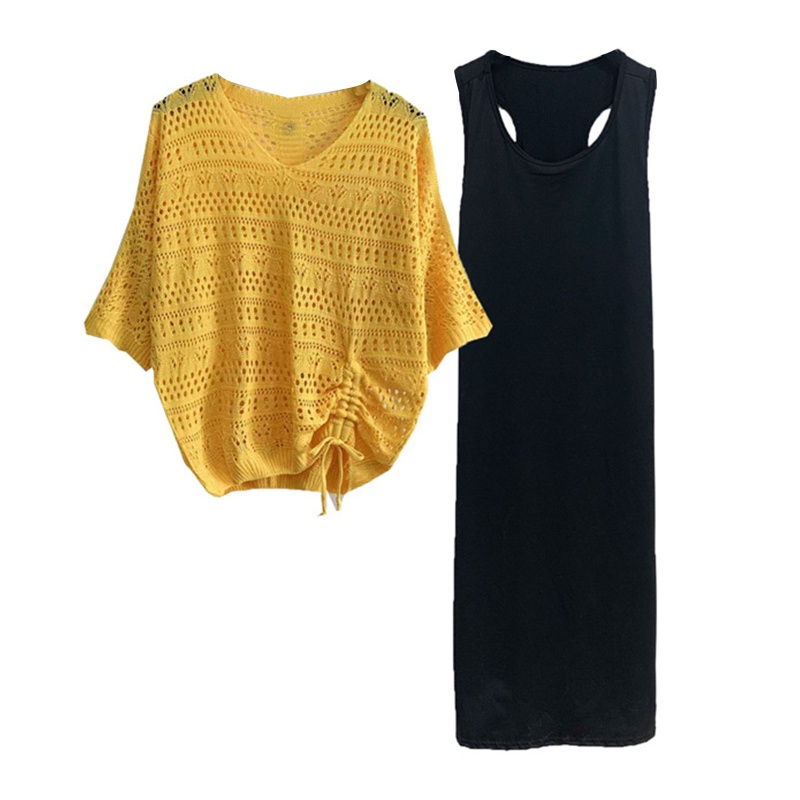 Bộ Áo Sơ Mi Dệt Kim Dáng Dài + Đầm Hai Dây Màu Trơn Thời Trang Mùa Hè Hàn Quốc Cho Nữ