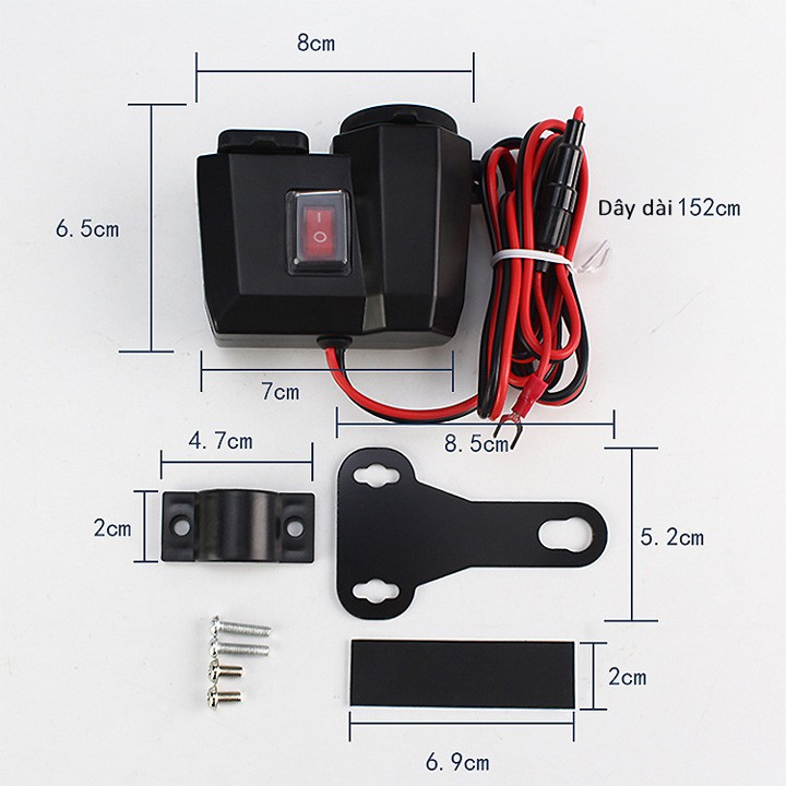 Sạc điện thoại gắn xe máy 3 trong 1 sạc nhanh 2.1A có lỗ tẩu và màn hình hiển thị điện áp chống nước