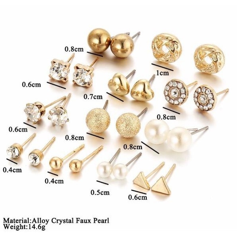 Set 12 đôi bông tai đính đá zircon hình vuông/trái tim
