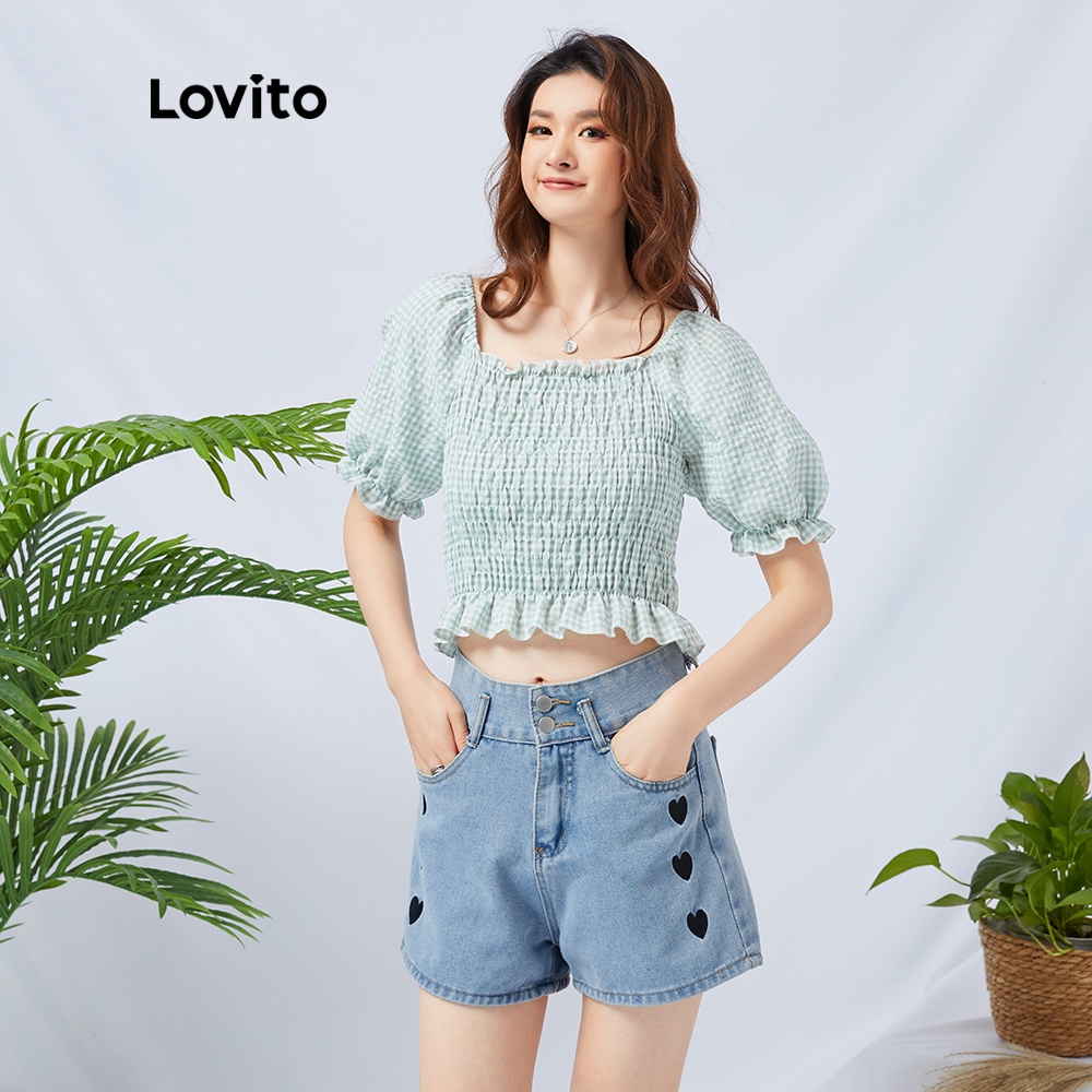 Lovito Áo kiểu cổ vuông kẻ sọc màu xanh lá dễ thương L11D27
 | BigBuy360 - bigbuy360.vn