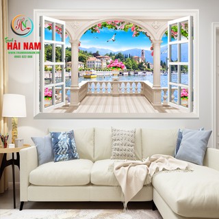 Tranh dán tường 3D cửa sổ trang trí phòng ngủ Vải lụa kim sa