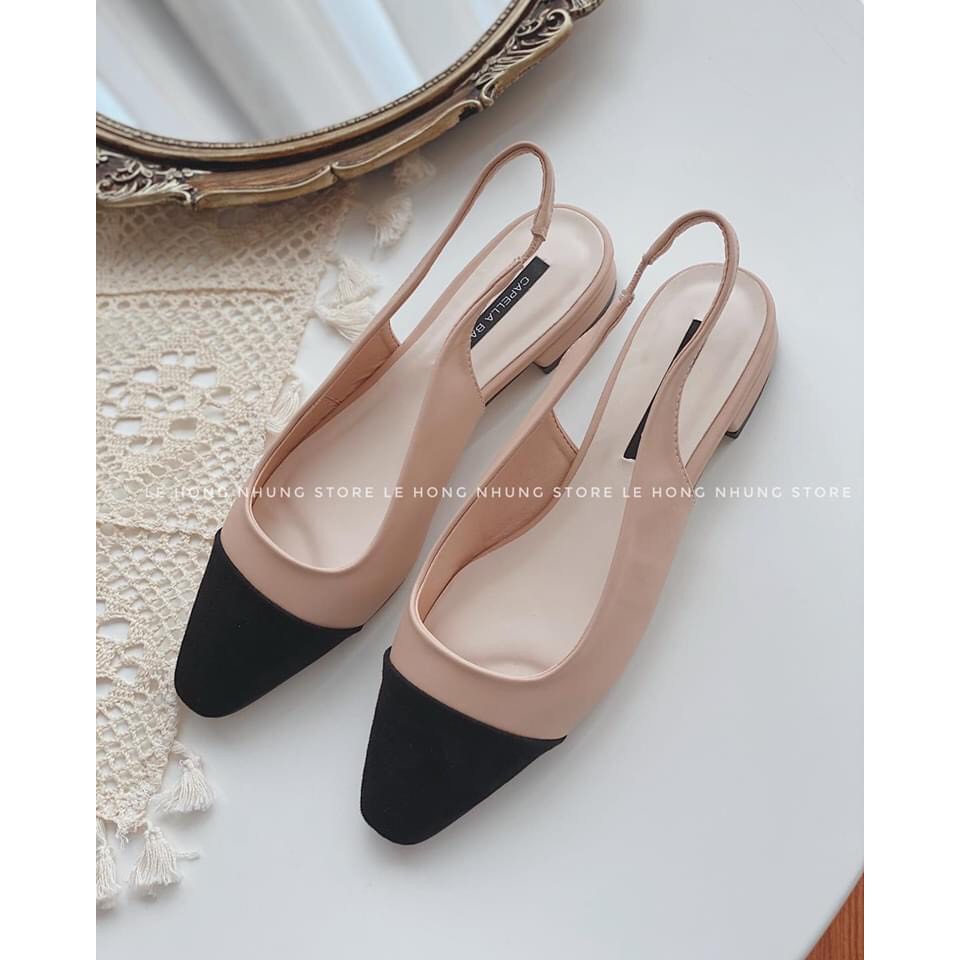 Sandal da mịn đen nude mũi đen chun sau - 2P