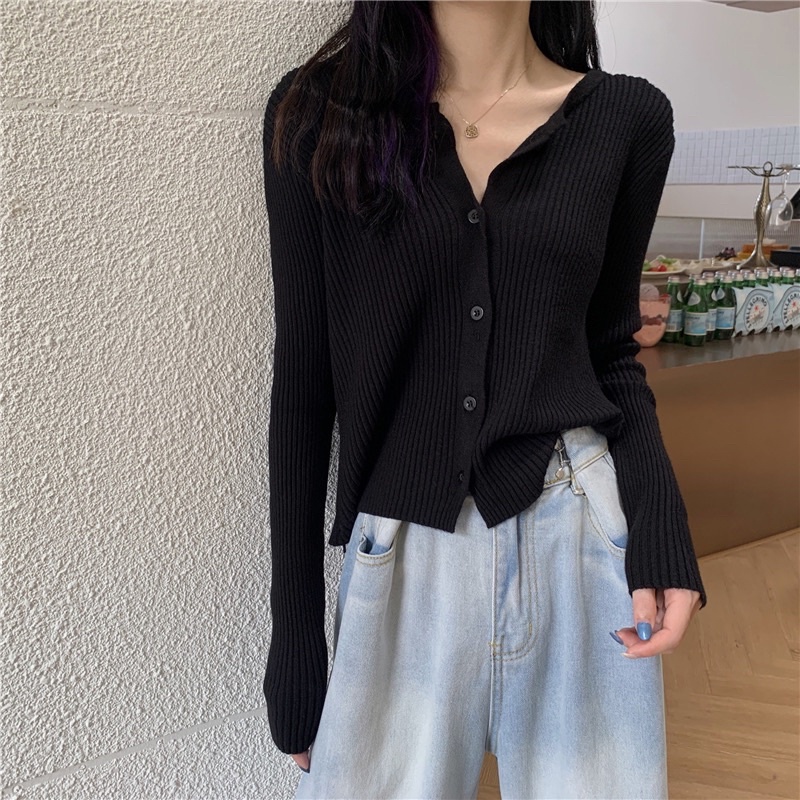 Áo len khoác len carigan nữ tay ôm dài, thân áo rộng màu trắng, màu đen, màu nâu, màu kem vàng