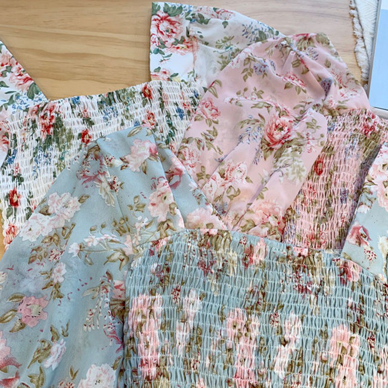Áo Kiểu Chất Chiffon Tay Ngắn Cổ Vuông Hoạ Tiết Hoa Nữ Tính