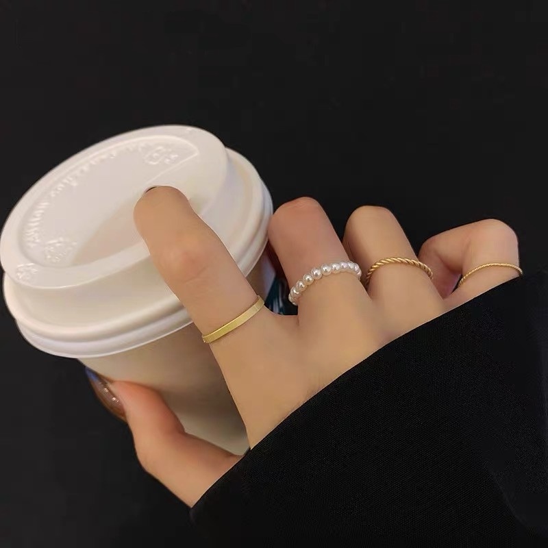 Nhẫn Bốn Mảnh Đính Ngọc Trai Kim Loại Thời Trang Đơn Giản Cá Tính