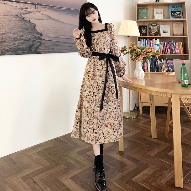 Đầm Hoa Tay Dài Cổ Vuông Cột Dây Thời Trang Thu Đông Phong Cách Pháp Cổ Điển Xinh Xắn Cho Nữ