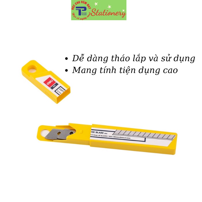 Lưỡi dao rọc giấy Deli, cỡ to và nhỏ, loại 13 mảnh, bằng bạc 10 chiếc/hộp - E2011, 2012