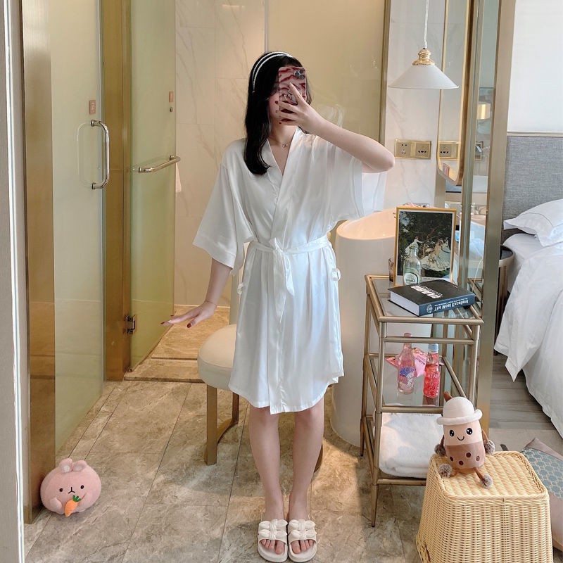 Váy ngủ xuân thu phiên bản hàn quốc, pijama nữ lụa, phong cách mỏng mùa hè, áo choàng tắm sexy trắng Nhật Bản, đồ mặc nh