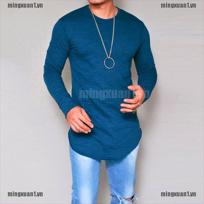 MINON Mens Gym T Shirt Longline Slim Fit Muscle Long Sleeve Curved Hem Tee Tops Casual VN