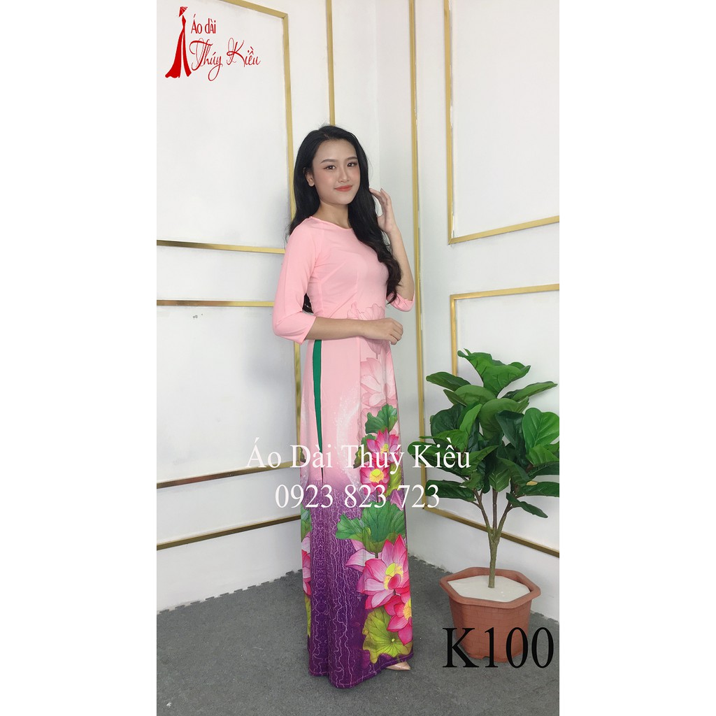 Áo dài cách tân nữ truyền thống thiết kế may sẵn tết nền hồng hoa sen K100 mềm mại co giãn áo dài giá rẻ