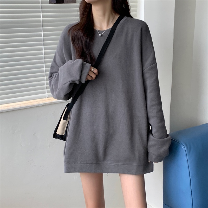 Áo sweater dáng rộng tay dài cổ tròn màu sắc đơn giản thời trang phong cách Hàn Quốc