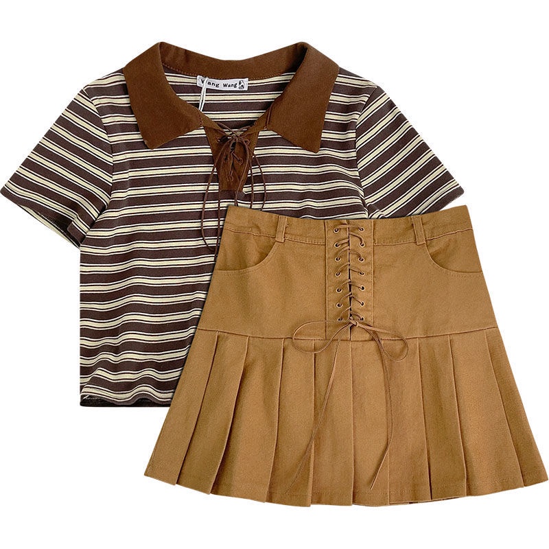 Set Áo Thun + Chân Váy Mỏng Họa Tiết Kẻ Sọc Thời Trang Mùa Hè 2022 Mới Cho Nữ