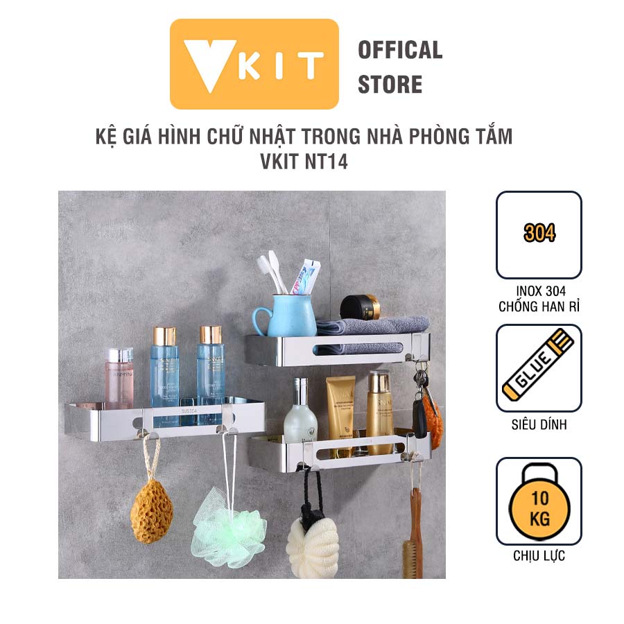 Kệ inox cao cấp để trong nhà phòng tắm có giá hình chữ nhật chống han gỉ, dán siêu chắc VKIT, kèm móc treo NT14